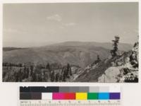 Looking NE from Grizzly Peak. Note extensive brushfields on southerly slope of Bartle Mountain. Fragmentary timber types at upper elevations are Red fir-White fir and knobcone pine