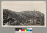 Looking west from the pass between Leonis and Dillon ranches. Pacoima Canyon in the foreground. Mixed brush on the left and Ceanothus-chamise on the southerly slopes