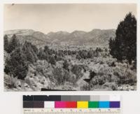 Tulare County. Looking north toward Sacatar Meadows showing Pinon and Pinon sage types. Note individual Juniperus occidentalis at right. Artemisia tridentata principal dominant of sagebrush