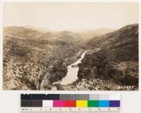 Looking NE up Sacramento River and O'Brien Creek. Chaparral areas of Quercus garryana var breweri and Arctostaphylos viscida. Note ponderosa pine and black oak remnants