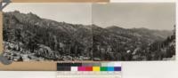 Panorama from point on highway looking W and N. Shows stand of scattered Jeffrey pine and western juniper. Chaparral species = Holodiscus sp., Artemisia tridentata, Ribes cereum, Ceanothus cordulatus