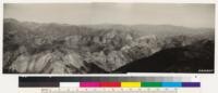 Panorama looking east across Buckhorn Creek from Little Pine Mt. Reyes Peak in center distance. Low grade chamise in foreground