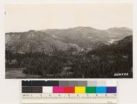 Bear Valley looking southeast above Spaulding Lake, showing semibarren-chaparral type of Quercus vaccinifolia and Arctostaphylos patula. Nevada County