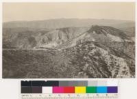 Heavily eroded slopes in Vasquez Canyon. Sage type Salvia leucophylla in foreground