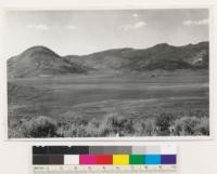 Panorama, looking NNE. Shows sections of Sierra Valley and surrounding hills. Note cultivated land and ranch houses, also deforested slopes as a result of fire. Sagebrush in foreground, Artemisia tridentata, Purshia tridentata, Wyethia mollis. Plumas County