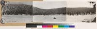 Panorama of pure Foxtail pine type north and east of Guyot Flat. Type is semibarren at left below timberline. Guyot Flat (barren) in foreground