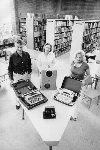 Photograph of a technology display at Bruggemeyer Memorial Library