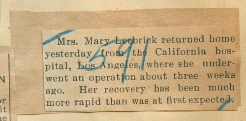 Mrs. Mary Leebrick recovering