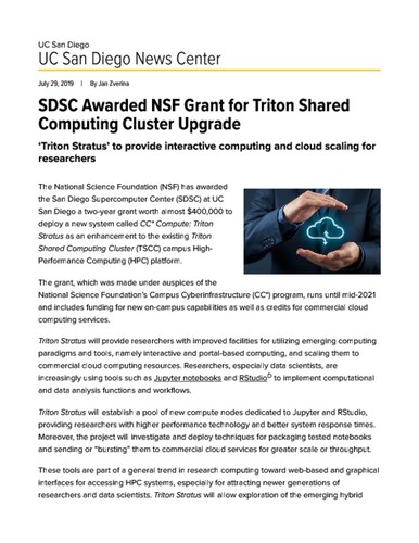 SDSC Awarded NSF Grant for Triton Shared Computing Cluster Upgrade
