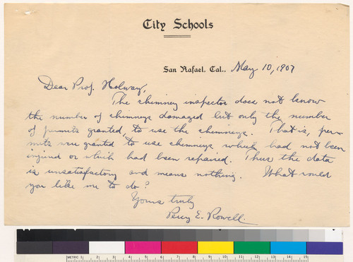 Letter to R.S. Holway from Percy E. Rowell: May 10, 1907