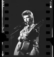 David Bowie, as Ziggy Stardust, performing at the Santa Monica Civic Auditorium, Calif., 1972