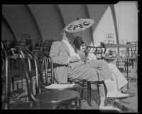 George W. Rochester and Upton Sinclair at a debate at the Hollywood Bowl, Los Angeles, 1935