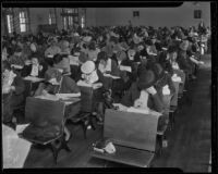 Women sit for a civil service test at Belmont High School, Los Angeles, 1936