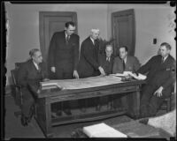 A. E. Stockburger, Edward Craig, Peter Hanson, James B. Holohan, Lieut. Gov. George J. Hatfield, and Court Smith meet in State Building to discuss prison expansion, Los Angeles, 1936