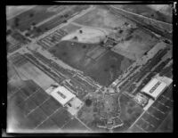 Aerial view of United Airport in Burbank during U.S. Army air maneuvers air show, 1930