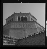 Powell Library tower speakers, UCLA, Los Angeles, 1963