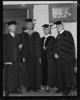 William O. Mendehall, C. Bevan Johnson, Lou Henry Hoover, and Dr. Robert L. Kelly dressed for a graduation ceremony, Whittier, 1934