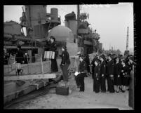 Navy WAVES (Naval female reserves) boarding USS Uhlmann for training at Terminal Island, Calif., 1950