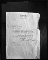 Letter written to Dr. Leonard Siever from Frank B. Fagerburg, 1933