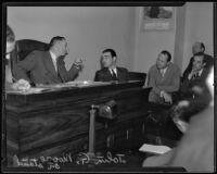 John G. Moore on witness stand for police shooting, Los Angeles, 1935