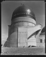 Griffith Observatory, exterior view of the west dome during construction, Los Angeles, circa 1934-1935