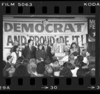 Mayor Tom Bradley addressing crowd at Democratic Party Election Night headquarters in Biltmore Hotel, Los Angeles, Calif., 1984