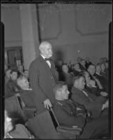 Judge Frank Lowe speaks during a safety aid meeting, Los Angeles, 1935