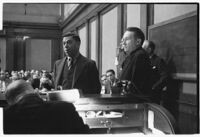 Robert S. James, convicted in Lois Wright morals case and suspect in Mary Emma James murder case, at sentencing, with lawyer Samuel Silverman, Los Angeles, 1936