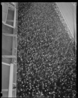 Spectators in the grandstand at Santa Anita Park the month it opened, Arcadia, 1934