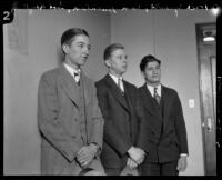 Hale Sparks, Sam Burnham and Solomon Laykin, witnesses for the prosecution in the Hickman kidnapping and murder trial, Los Angeles, 1928