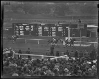 "Dear Diary," "Morning Breeze" and "Hasten Henry" finish the California Breeders' Stakes race at Santa Anita Park, Arcadia, 1938