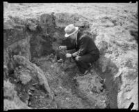 Law enforcement official with the Mary Skeele kidnapping case examining a hole dug in the ground, 1933