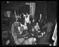 Aimee Semple McPherson with portion of congregation at Angelus Temple, 1942