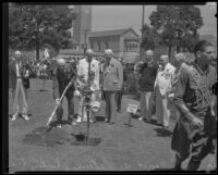 Count Henri de Baillet-Latour, William M. Bowen, William May Garland, Rufus B. von KleinSmid, and Gov. James Rolph at Olympic Park dedication ceremony, Los Angeles, 1932