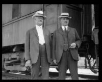 William H. Whalen and another man with Southern Pacific "Prosperity Special" train, Los Angeles, 1922