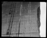 Remaining center portion of the Saint Francis Dam shortly after its cataclysmic failure, San Francisquito Canyon (Calif.), 1929