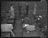 Students Warner Antonson and Jerri Lee work on problems during an adult class, Los Angeles, 1936