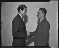 George E. Navarro and Ismael Aviles shake hands, Los Angeles, 1936