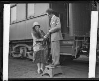 Composer, arranger and pianist Percy Grainger arriving in Los Angeles for a concert and his wedding, Los Angeles, 1928