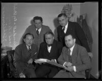 Assistant City Attorney Newton Kendall with other city officials deciding parking policies, Los Angeles, 1935