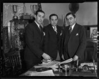 Marquis Cesare Grimaldi and Consul Count Ernesto Arrighi visiting Sheriff Eugene W. Biscailuz, Los Angeles County, 1936