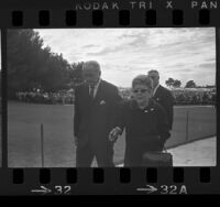 Actors Buddy Rogers and Mary Pickford at funeral service of Jeanette MacDonald in Glendale, Calif., 1965