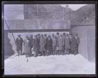 Group of men standing by the Pacoima Dam, Los Angeles County, circa 1928