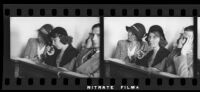 Ruth Smith, mother of kidnaped baby, 2 filmstrip images, San Bernardino or San Francisco, 1930