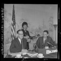 Janet Greene, Fred Schwarz, and Herbert Philbrick at anti-communist press conference in Los Angeles, Calif., 1964