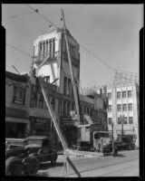 Commercial building with tower damaged by the Long Beach earthquake, Southern California, 1933