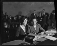 Daisy De Voe and Nathan Freedman in court for her trial, Los Angeles, 1931