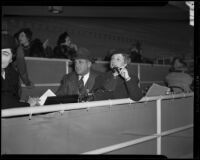 Horse race spectators in a box seating area at Santa Anita Park, Arcadia, 1938 or 1939