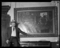 Walter E. Scott, or "Death Valley Scotty" in front of a painting, circa 1925 -1935