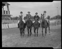 Mrs. Billie Moldt, Mrs. Gordon Jeffrey, Fanchon Johnson, and Marguerite Klinker astride horses, Los Angeles, 1935